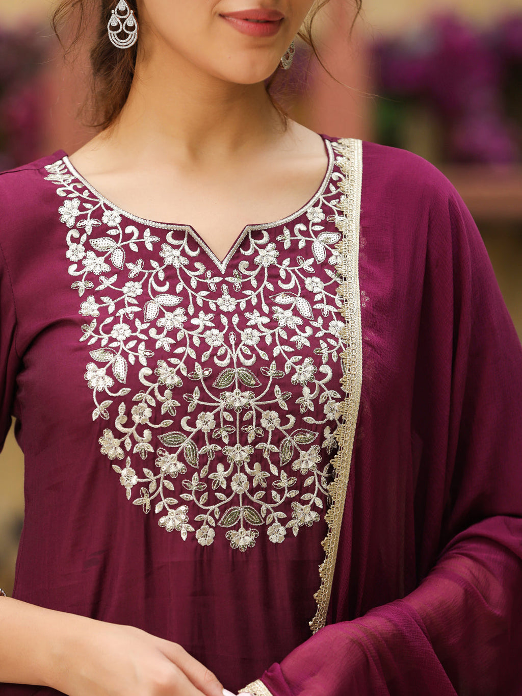 Janasya Dark Chanderi Yoke Embroidery Straight Kurta Set | Grocsy