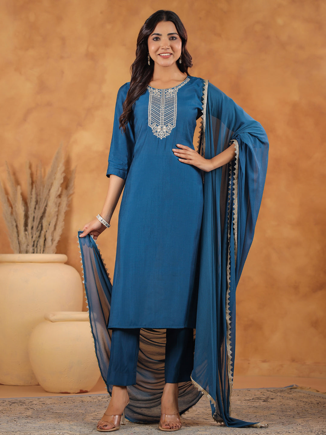 Janasya Dark Chanderi Yoke Embroidery Straight Kurta Set | Grocsy