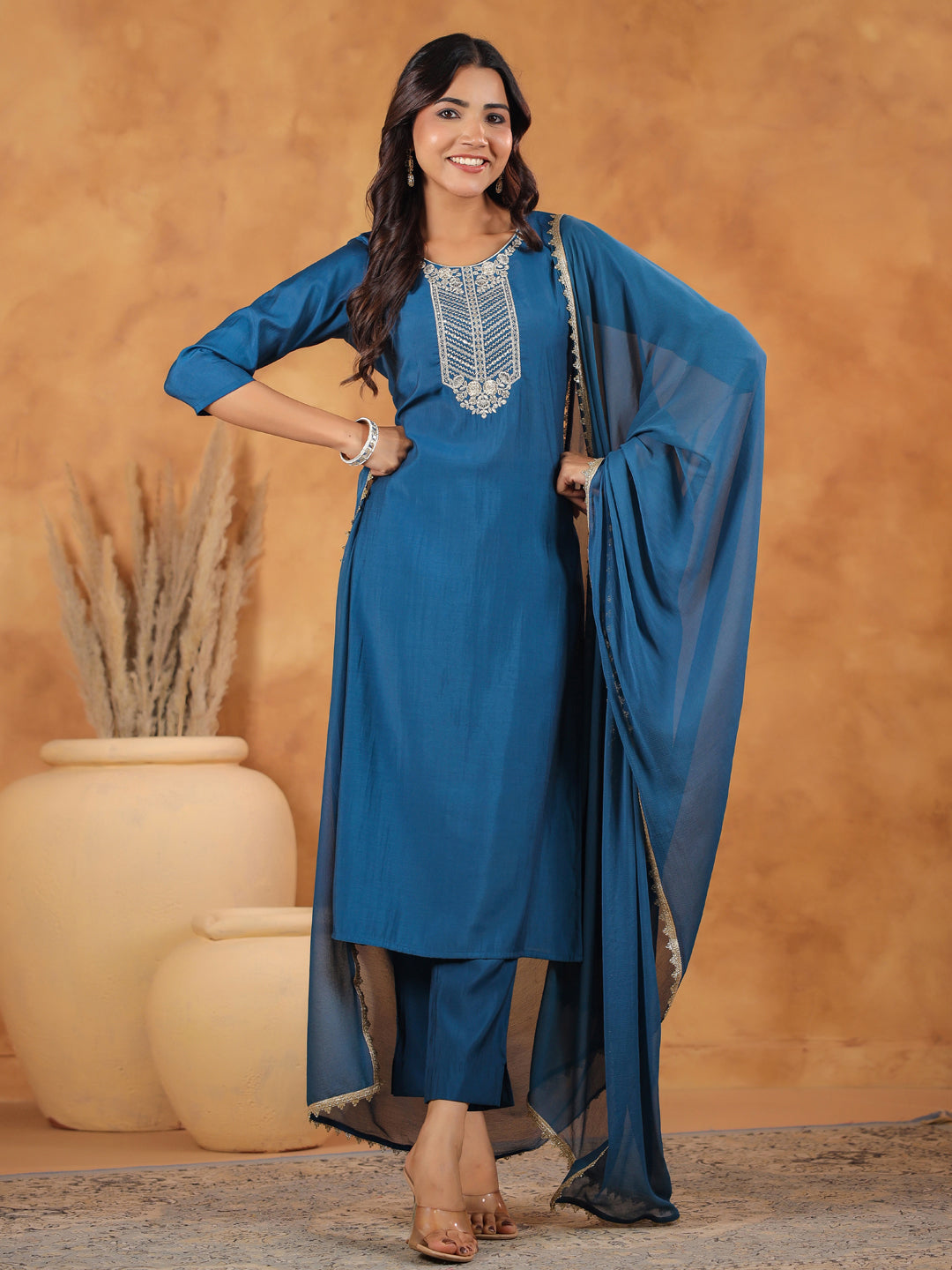 Janasya Dark Chanderi Yoke Embroidery Straight Kurta Set | Grocsy