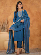 Janasya Dark Chanderi Yoke Embroidery Straight Kurta Set | Grocsy