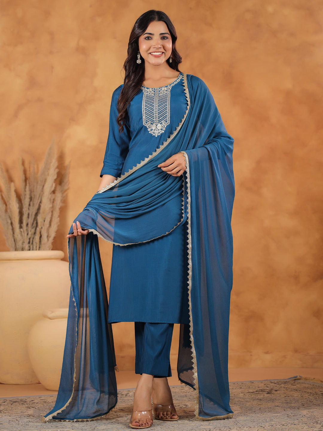 Janasya Dark Chanderi Yoke Embroidery Straight Kurta Set | Grocsy