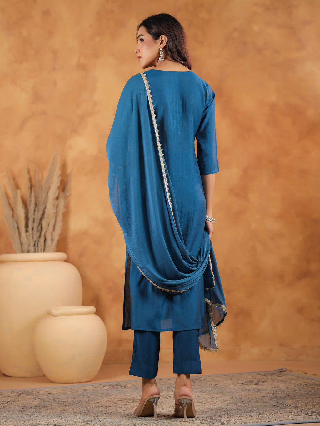 Janasya Dark Chanderi Yoke Embroidery Straight Kurta Set | Grocsy