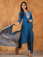Janasya Dark Chanderi Yoke Embroidery Straight Kurta Set | Grocsy