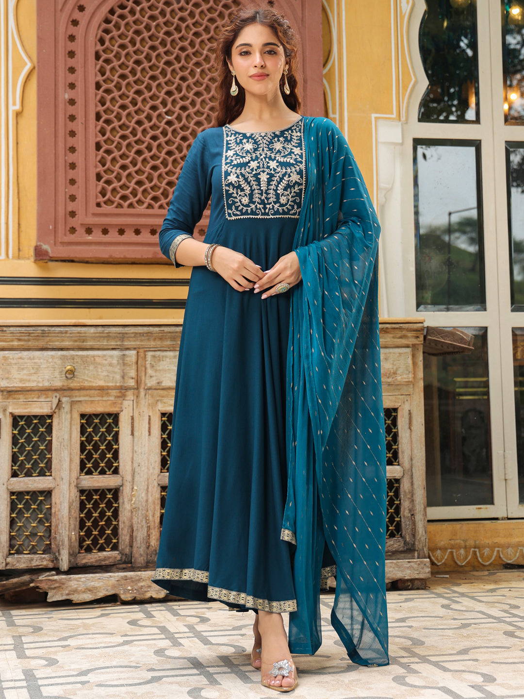 Janasya Dark Rayon Yoke Embroidery Anarkali Kurta Set | Grocsy