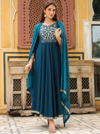 Janasya Dark Rayon Yoke Embroidery Anarkali Kurta Set | Grocsy