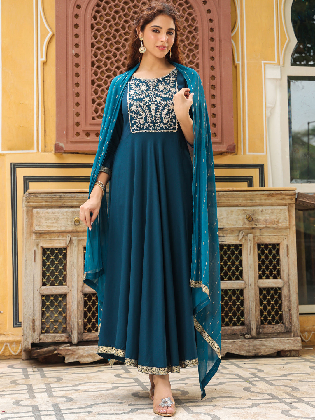 Janasya Dark Rayon Yoke Embroidery Anarkali Kurta Set | Grocsy