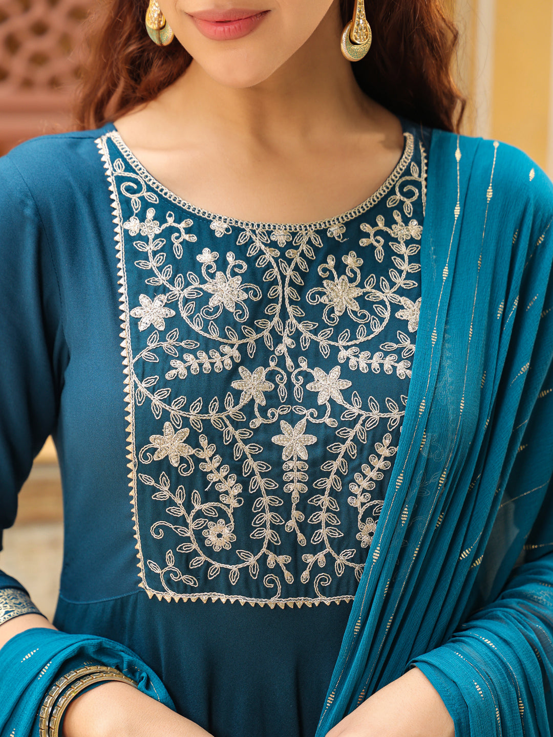 Janasya Dark Rayon Yoke Embroidery Anarkali Kurta Set | Grocsy