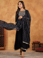 Janasya Black Rayon Embroidered Kurta,Bottom & Dupatta | Grocsy