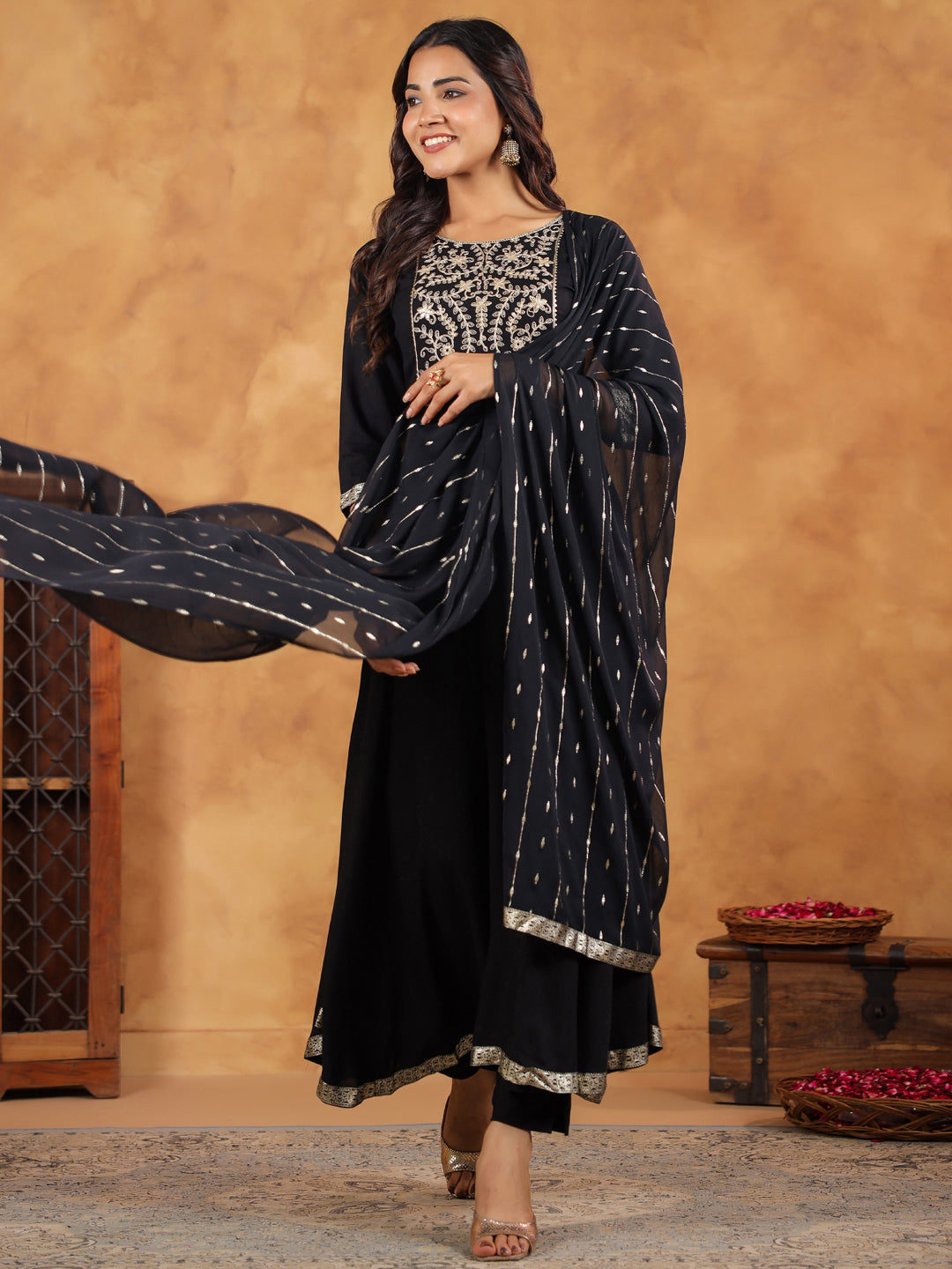 Janasya Black Rayon Embroidered Kurta,Bottom & Dupatta | Grocsy