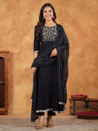 Janasya Black Rayon Embroidered Kurta,Bottom & Dupatta | Grocsy