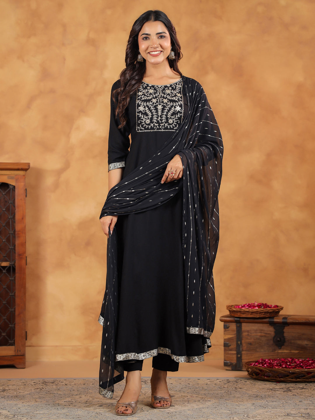 Janasya Black Rayon Embroidered Kurta,Bottom & Dupatta | Grocsy