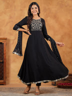 Janasya Black Rayon Embroidered Kurta,Bottom & Dupatta | Grocsy