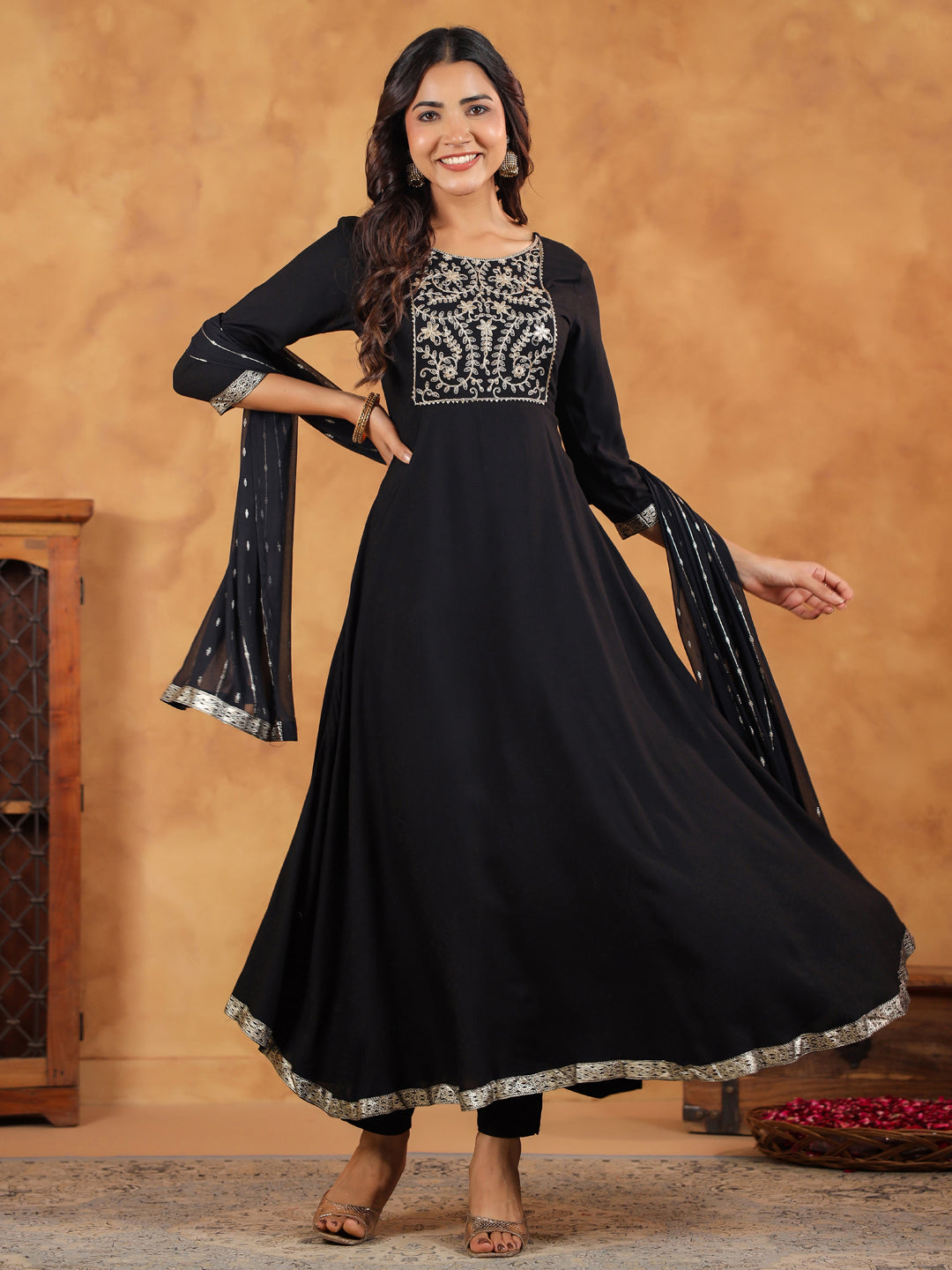 Janasya Black Rayon Embroidered Kurta,Bottom & Dupatta | Grocsy