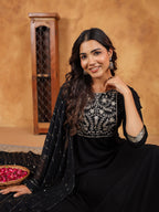 Janasya Black Rayon Embroidered Kurta,Bottom & Dupatta | Grocsy