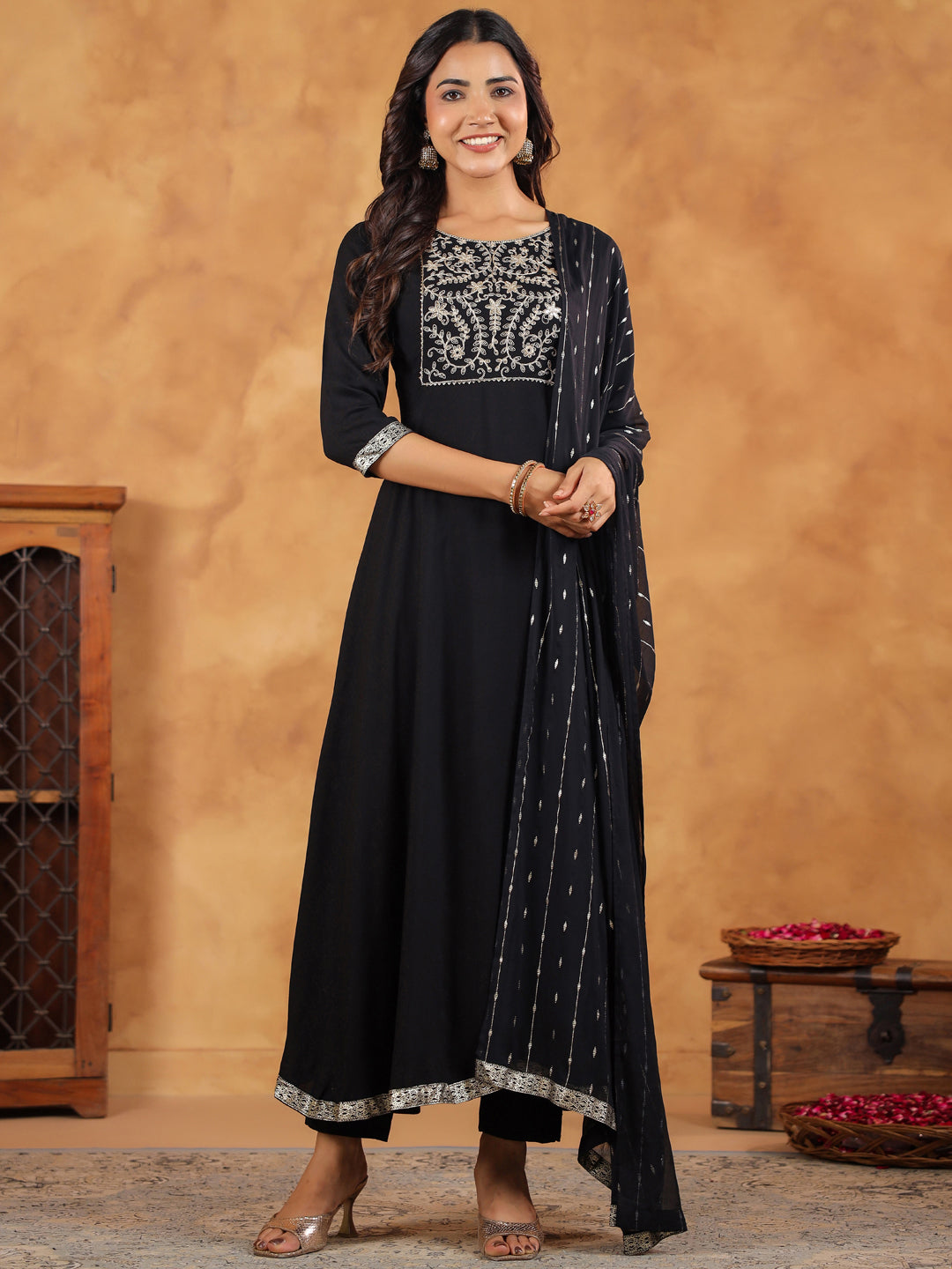 Janasya Black Rayon Embroidered Kurta,Bottom & Dupatta | Grocsy