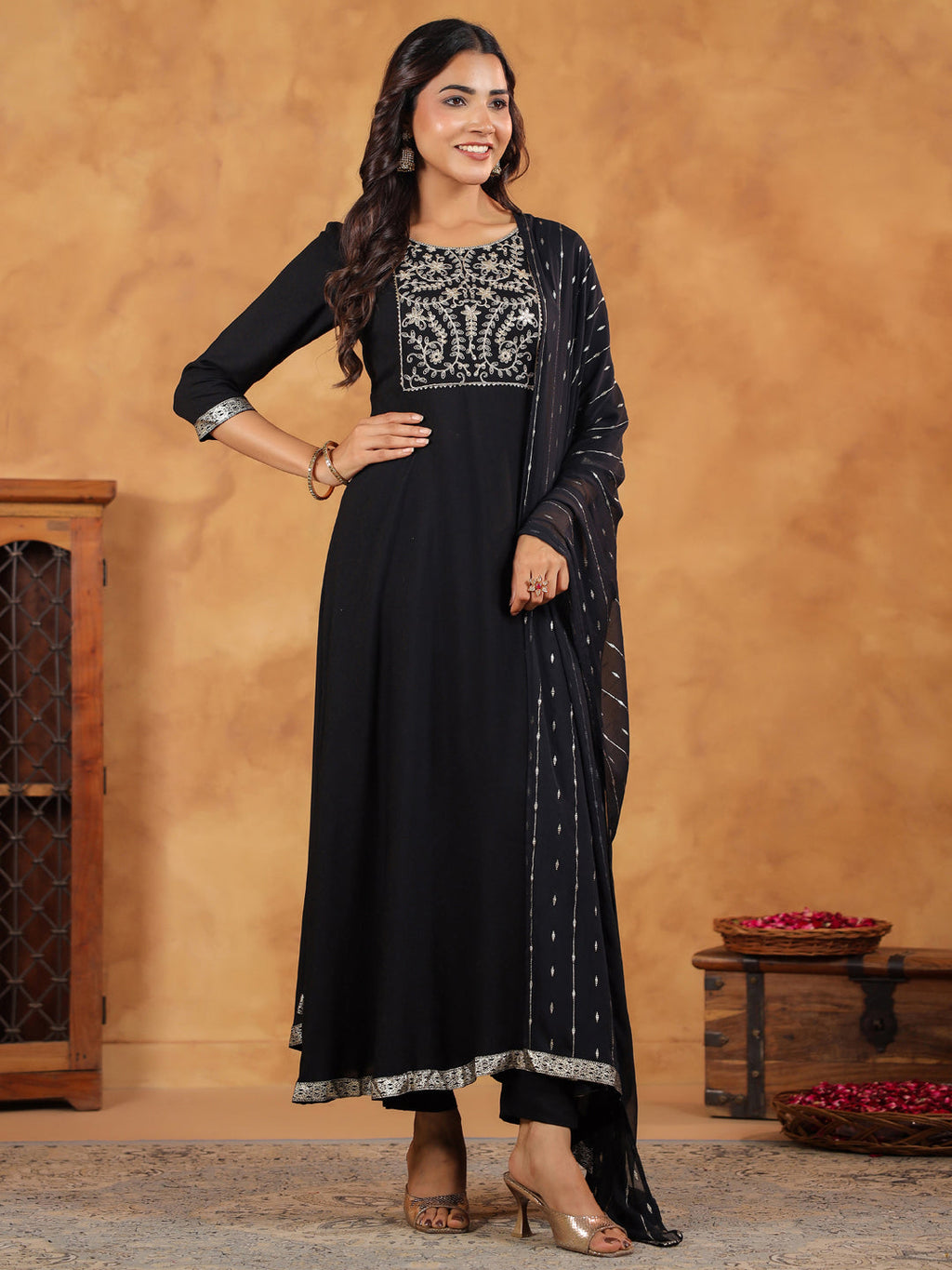 Janasya Black Rayon Embroidered Kurta,Bottom & Dupatta | Grocsy