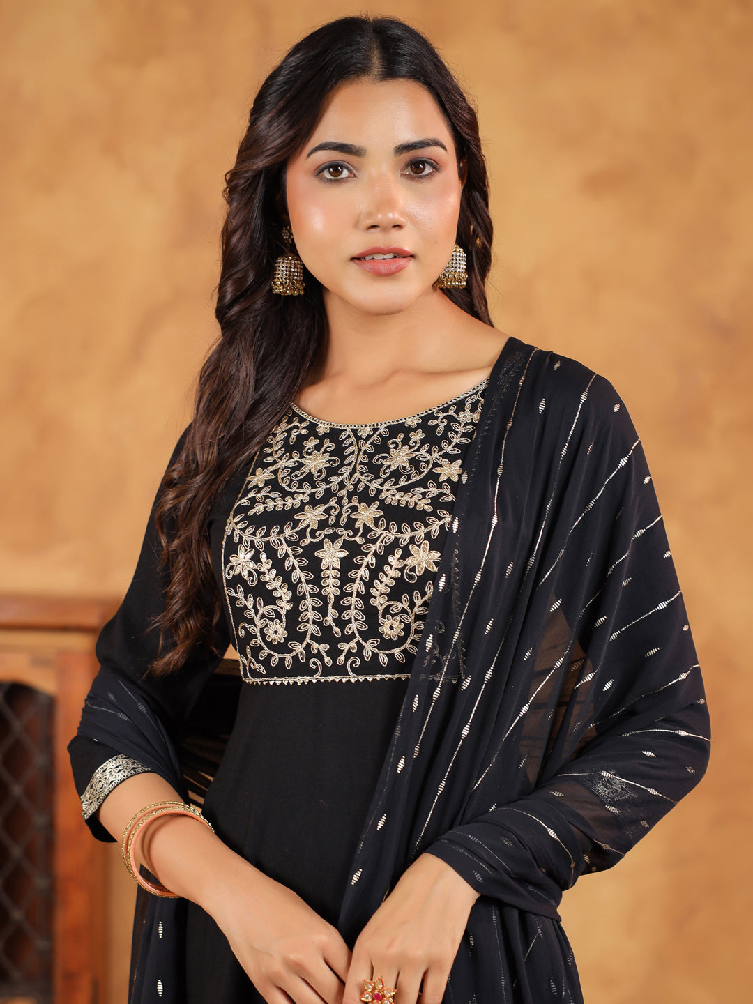 Janasya Black Rayon Embroidered Kurta,Bottom & Dupatta | Grocsy