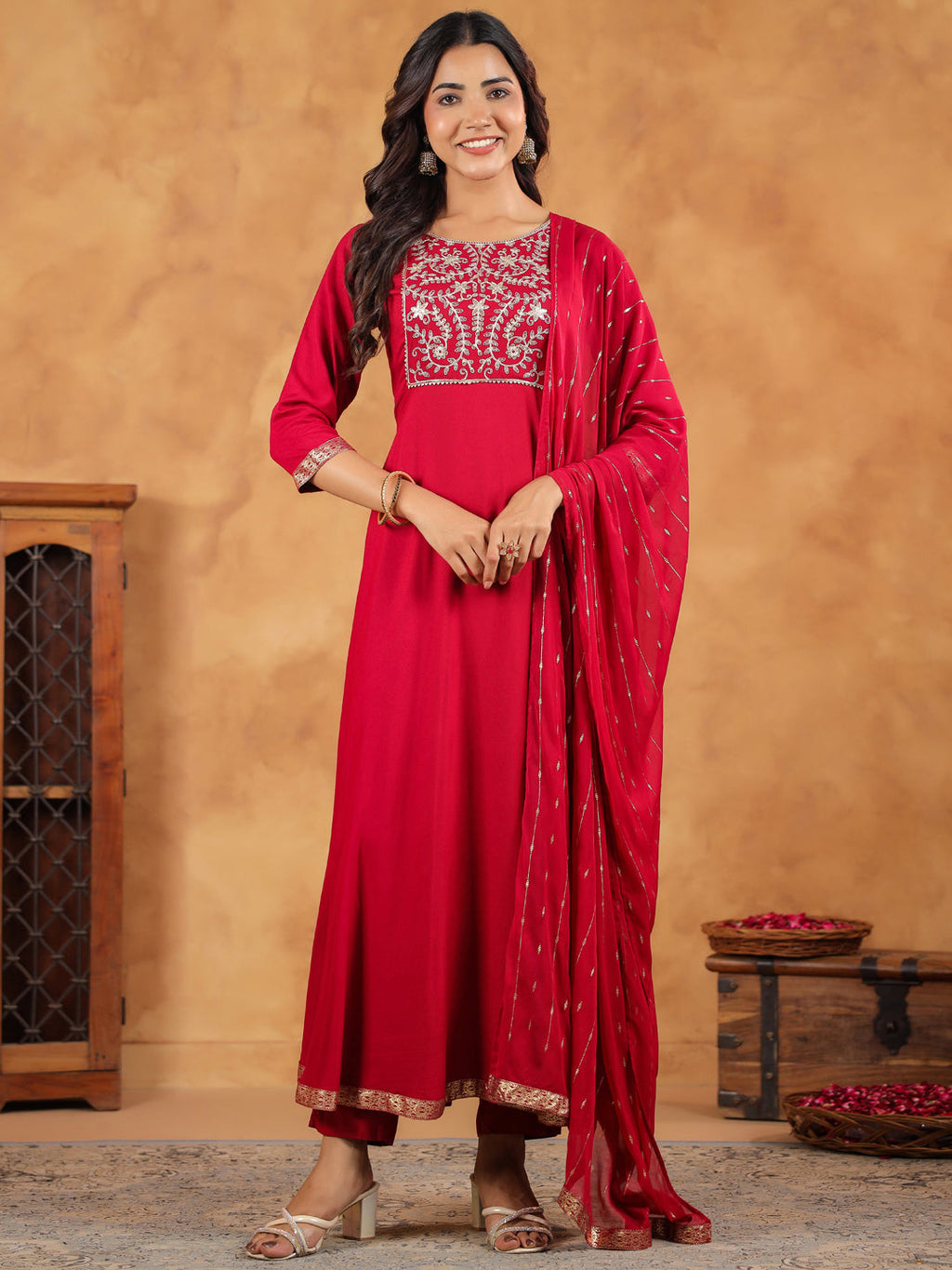 Janasya Pink Rayon Embroidered Kurta,Bottom & Dupatta | Grocsy