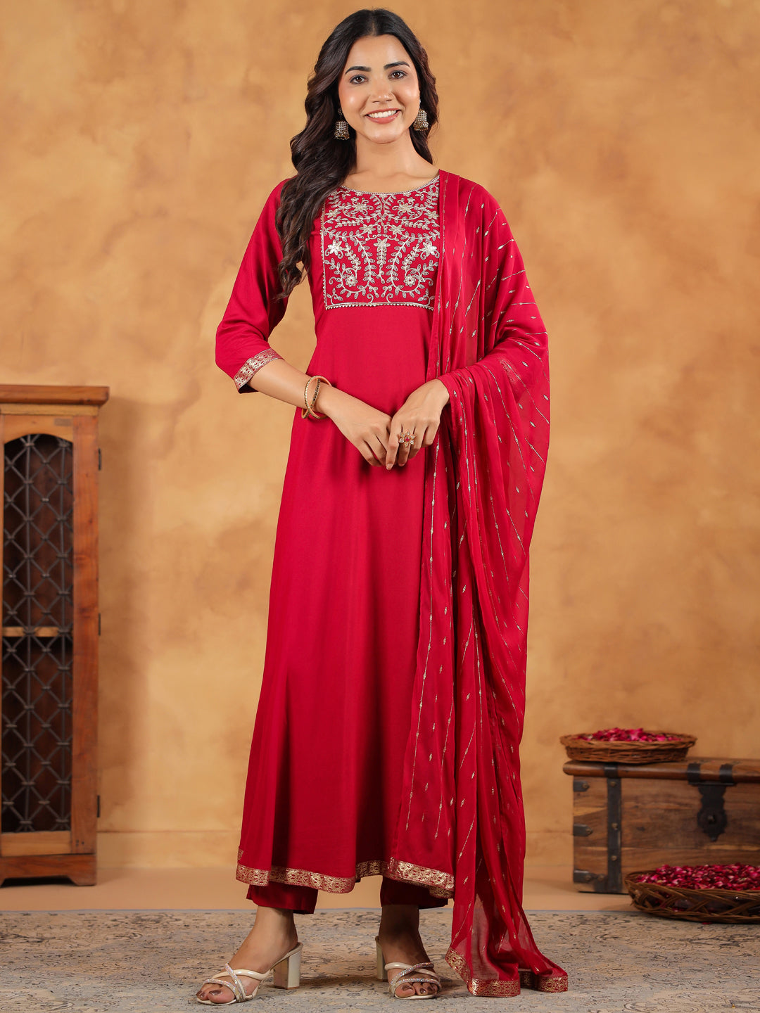 Janasya Pink Rayon Embroidered Kurta,Bottom & Dupatta | Grocsy
