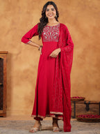 Janasya Pink Rayon Embroidered Kurta,Bottom & Dupatta | Grocsy