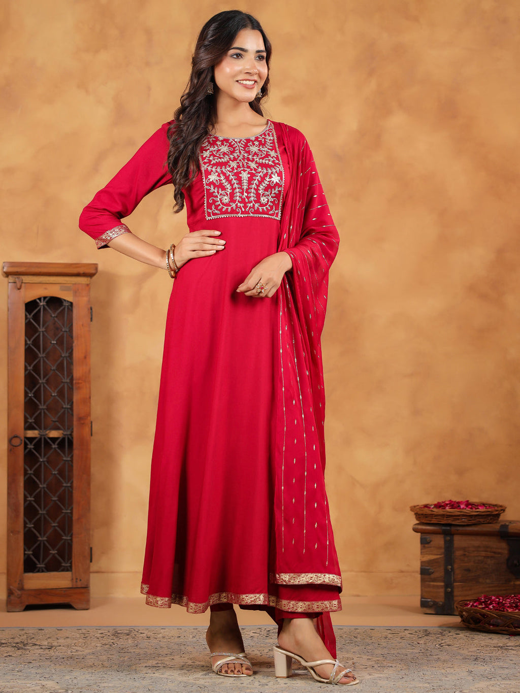 Janasya Pink Rayon Embroidered Kurta,Bottom & Dupatta | Grocsy