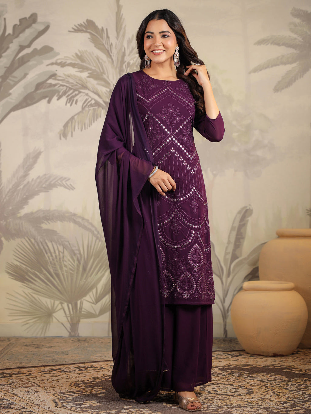 Janasya Purple Weightless Georgette Embroidered Kurta,Bottom & Dupatta | Grocsy