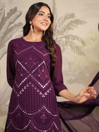 Janasya Purple Weightless Georgette Embroidered Kurta,Bottom & Dupatta | Grocsy