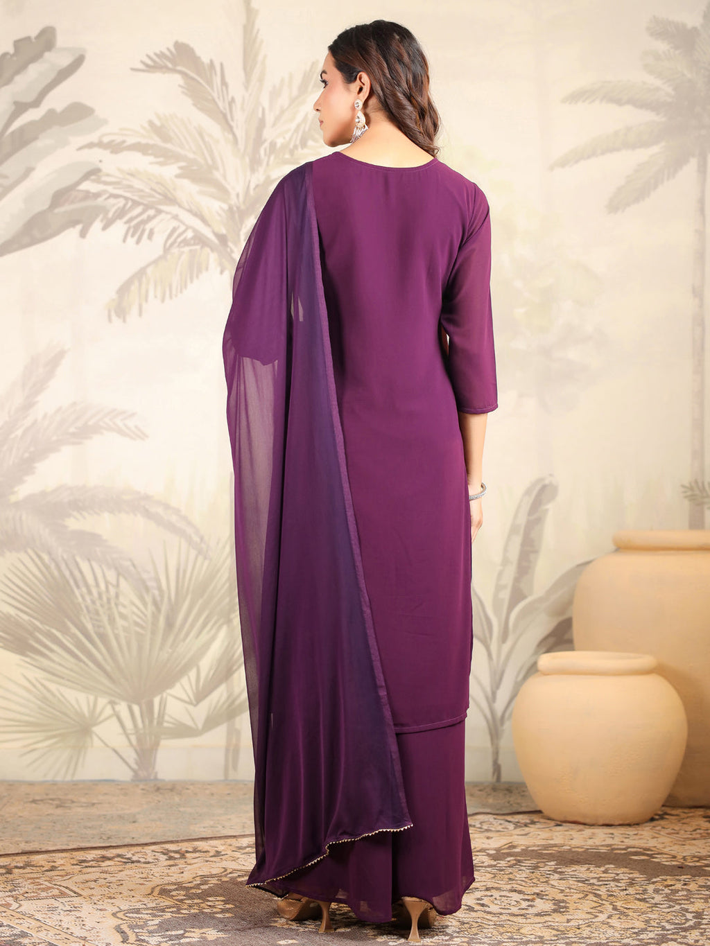 Janasya Purple Weightless Georgette Embroidered Kurta,Bottom & Dupatta | Grocsy