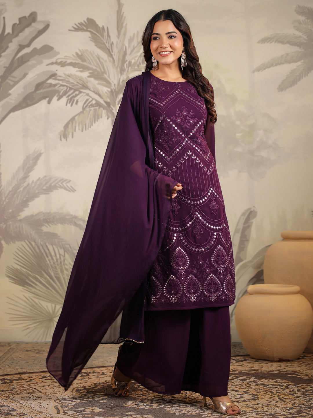 Janasya Purple Weightless Georgette Embroidered Kurta,Bottom & Dupatta | Grocsy