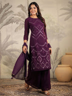 Janasya Purple Weightless Georgette Embroidered Kurta,Bottom & Dupatta | Grocsy