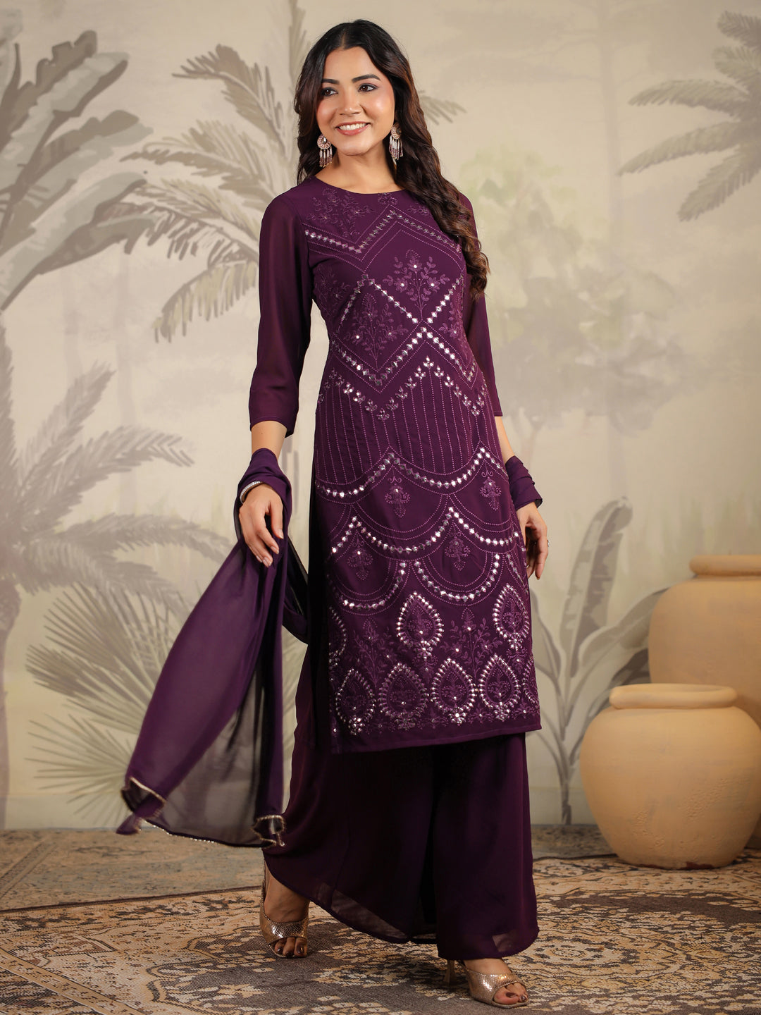 Janasya Purple Weightless Georgette Embroidered Kurta,Bottom & Dupatta | Grocsy