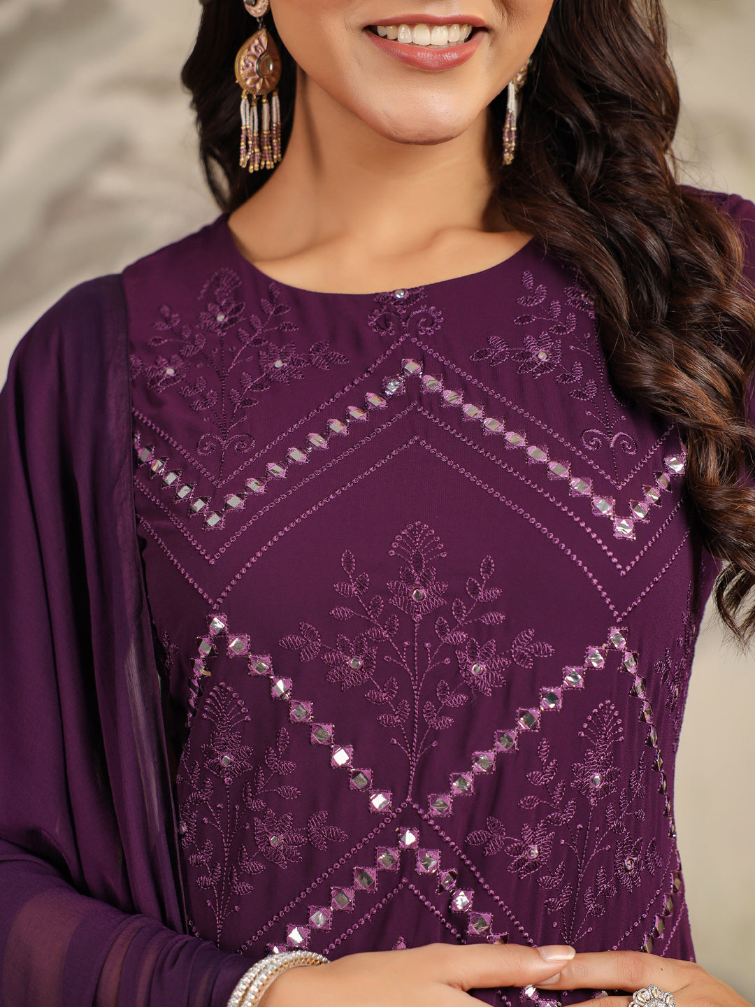 Janasya Purple Weightless Georgette Embroidered Kurta,Bottom & Dupatta | Grocsy