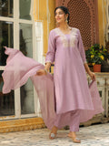 Janasya Lavender Premium Chinnon Embroidered Kurta,Bottom & Dupatta | Grocsy