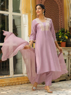 Janasya Lavender Premium Chinnon Embroidered Kurta,Bottom & Dupatta | Grocsy