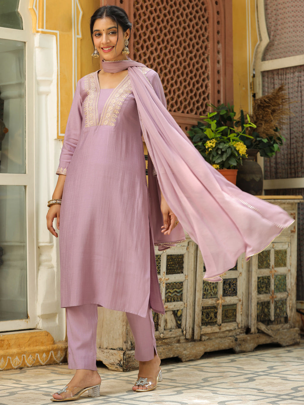Janasya Lavender Premium Chinnon Embroidered Kurta,Bottom & Dupatta | Grocsy