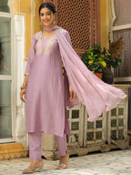 Janasya Lavender Premium Chinnon Embroidered Kurta,Bottom & Dupatta | Grocsy