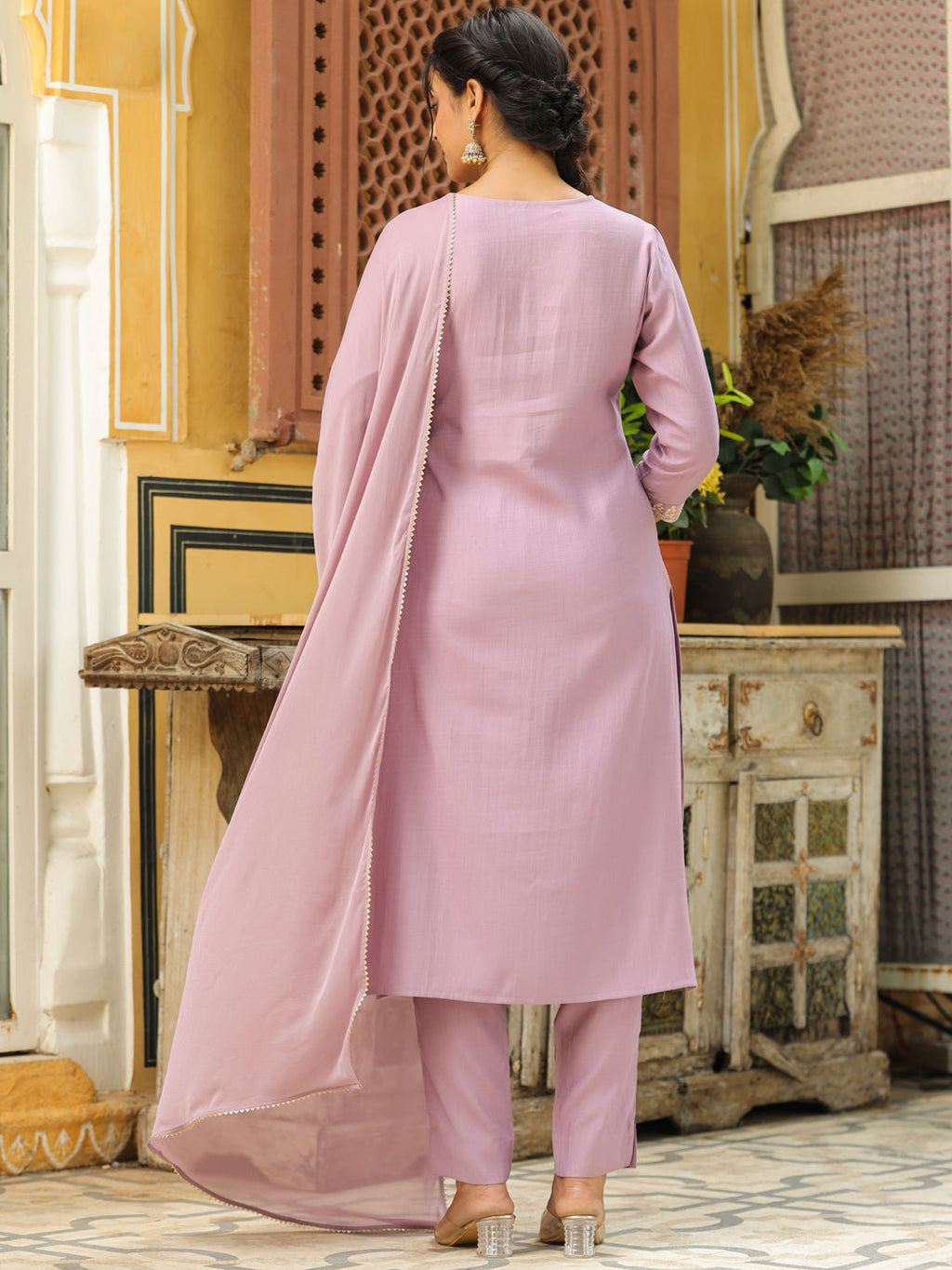 Janasya Lavender Premium Chinnon Embroidered Kurta,Bottom & Dupatta | Grocsy