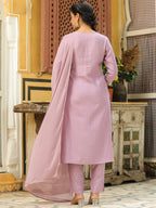 Janasya Lavender Premium Chinnon Embroidered Kurta,Bottom & Dupatta | Grocsy