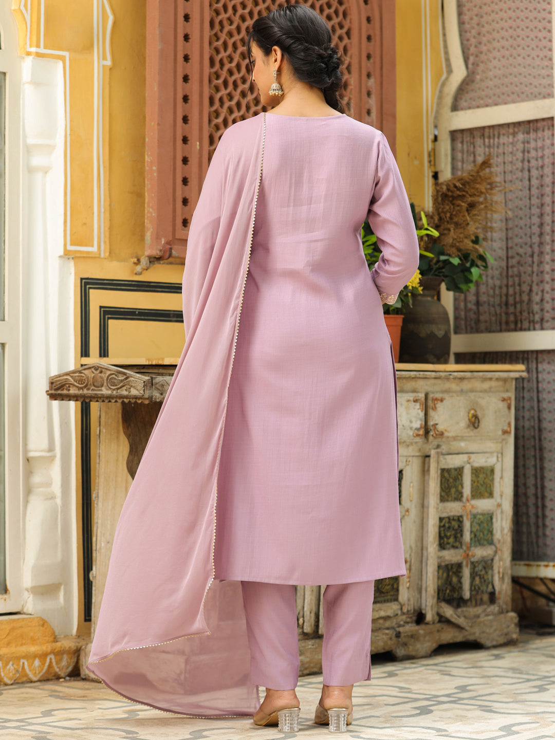 Janasya Lavender Premium Chinnon Embroidered Kurta,Bottom & Dupatta | Grocsy