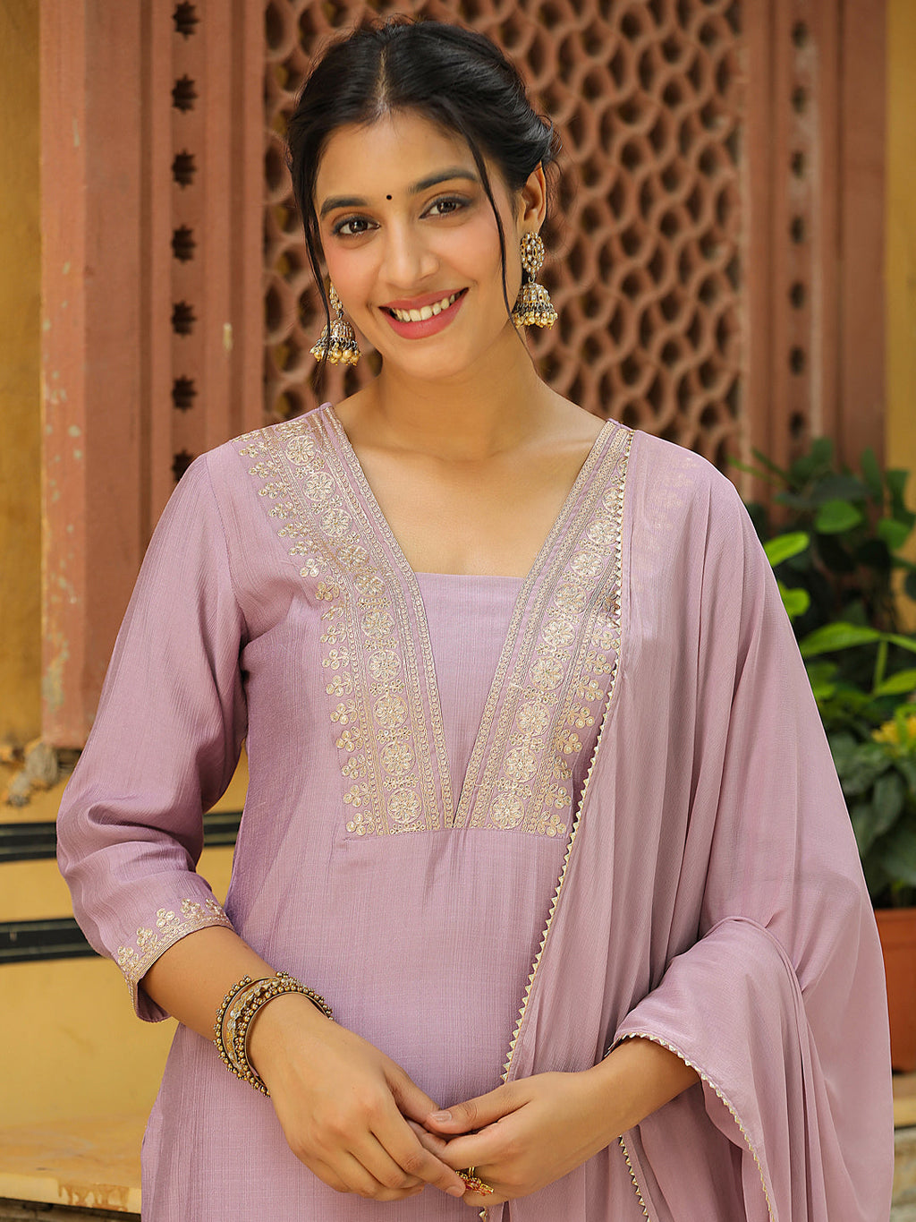 Janasya Lavender Premium Chinnon Embroidered Kurta,Bottom & Dupatta | Grocsy
