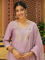 Janasya Lavender Premium Chinnon Embroidered Kurta,Bottom & Dupatta | Grocsy