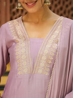 Janasya Lavender Premium Chinnon Embroidered Kurta,Bottom & Dupatta | Grocsy