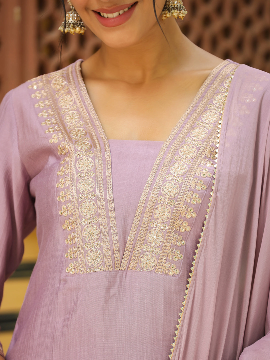 Janasya Lavender Premium Chinnon Embroidered Kurta,Bottom & Dupatta | Grocsy