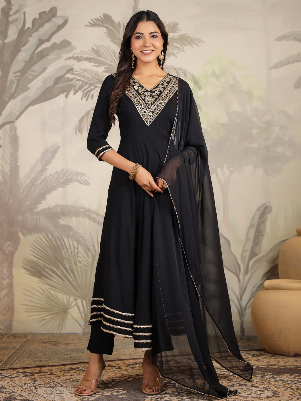Janasya Dark Rayon Embroidered Anarkali Kurta Set | Grocsy