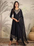 Janasya Dark Rayon Embroidered Anarkali Kurta Set | Grocsy