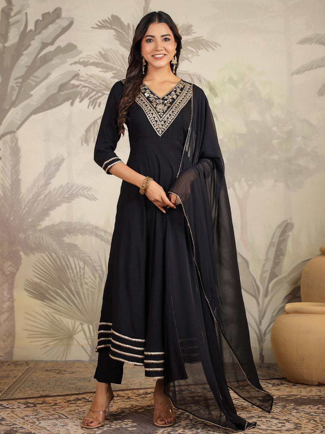 Janasya Dark Rayon Embroidered Anarkali Kurta Set | Grocsy