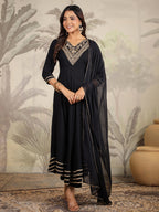 Janasya Dark Rayon Embroidered Anarkali Kurta Set | Grocsy