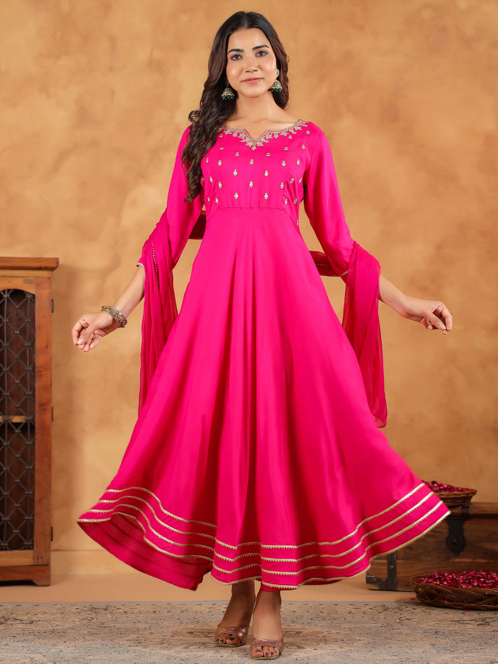 Janasya Dark Rayon Embroidered Anarkali Kurta Set | Grocsy