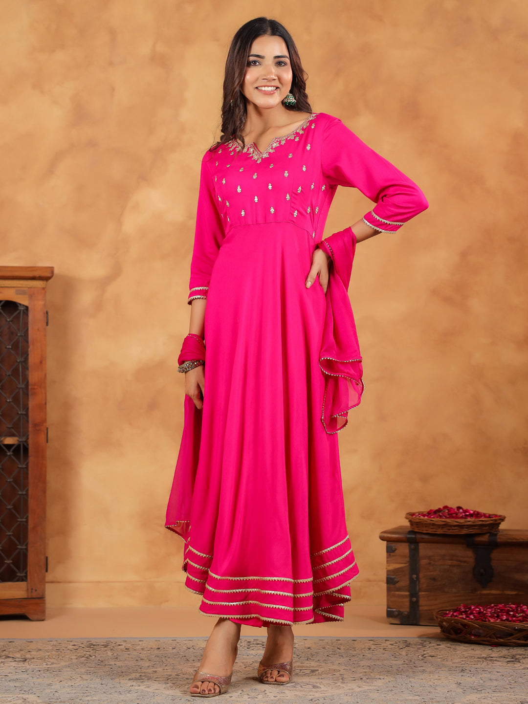 Janasya Dark Rayon Embroidered Anarkali Kurta Set | Grocsy