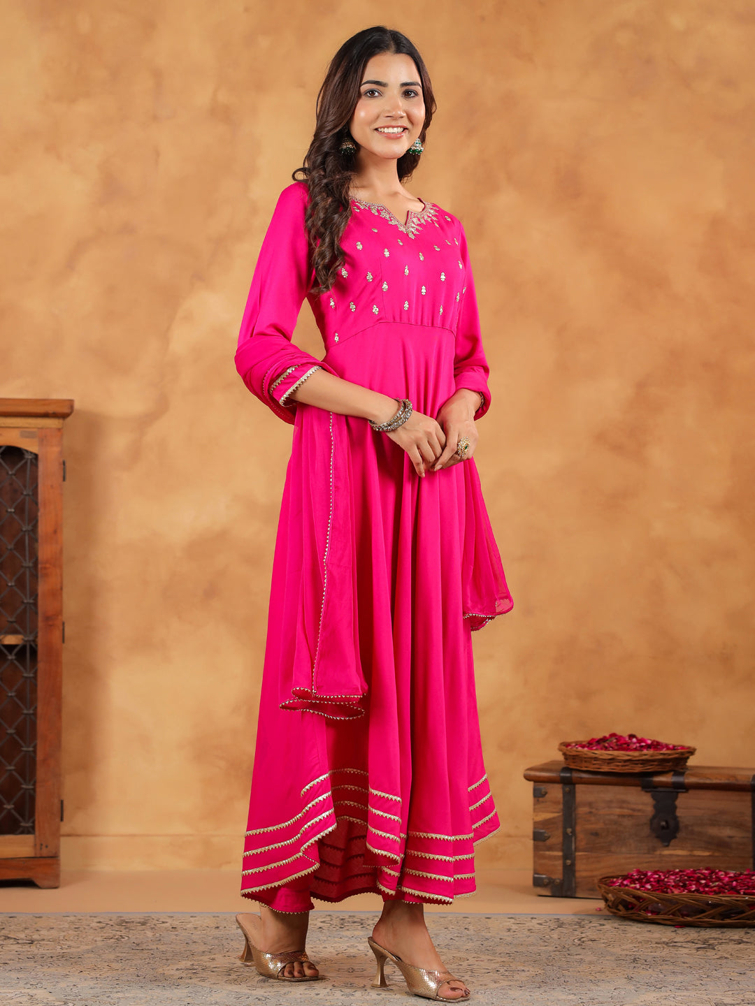 Janasya Dark Rayon Embroidered Anarkali Kurta Set | Grocsy